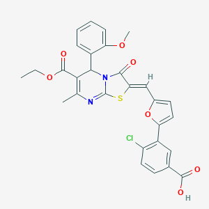 molecular formula C29H23ClN2O7S B314085 4-chloro-3-{5-[(6-(ethoxycarbonyl)-5-(2-methoxyphenyl)-7-methyl-3-oxo-5H-[1,3]thiazolo[3,2-a]pyrimidin-2(3H)-ylidene)methyl]-2-furyl}benzoic acid 