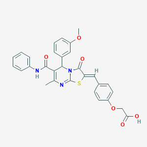 molecular formula C30H25N3O6S B314086 2-[4-[(Z)-[5-(3-methoxyphenyl)-7-methyl-3-oxo-6-(phenylcarbamoyl)-5H-[1,3]thiazolo[3,2-a]pyrimidin-2-ylidene]methyl]phenoxy]acetic acid 
