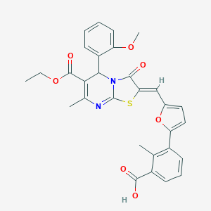 molecular formula C30H26N2O7S B314089 3-{5-[(6-(ethoxycarbonyl)-5-(2-methoxyphenyl)-7-methyl-3-oxo-5H-[1,3]thiazolo[3,2-a]pyrimidin-2(3H)-ylidene)methyl]-2-furyl}-2-methylbenzoic acid 