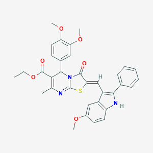 molecular formula C34H31N3O6S B314094 ethyl 5-(3,4-dimethoxyphenyl)-2-[(5-methoxy-2-phenyl-1H-indol-3-yl)methylene]-7-methyl-3-oxo-2,3-dihydro-5H-[1,3]thiazolo[3,2-a]pyrimidine-6-carboxylate 