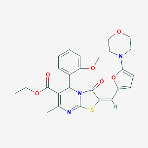 molecular formula C26H27N3O6S B314101 ethyl 5-(2-methoxyphenyl)-7-methyl-2-{[5-(4-morpholinyl)-2-furyl]methylene}-3-oxo-2,3-dihydro-5H-[1,3]thiazolo[3,2-a]pyrimidine-6-carboxylate 