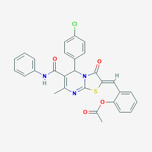 molecular formula C29H22ClN3O4S B314110 2-[(6-(anilinocarbonyl)-5-(4-chlorophenyl)-7-methyl-3-oxo-5H-[1,3]thiazolo[3,2-a]pyrimidin-2(3H)-ylidene)methyl]phenyl acetate 