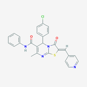 molecular formula C26H19ClN4O2S B314112 5-(4-chlorophenyl)-7-methyl-3-oxo-N-phenyl-2-(4-pyridinylmethylene)-2,3-dihydro-5H-[1,3]thiazolo[3,2-a]pyrimidine-6-carboxamide 