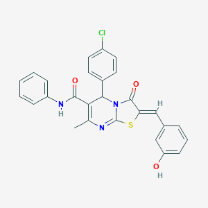 molecular formula C27H20ClN3O3S B314116 (2Z)-5-(4-chlorophenyl)-2-(3-hydroxybenzylidene)-7-methyl-3-oxo-N-phenyl-2,3-dihydro-5H-[1,3]thiazolo[3,2-a]pyrimidine-6-carboxamide 