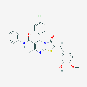 molecular formula C28H22ClN3O4S B314117 5-(4-chlorophenyl)-2-(3-hydroxy-4-methoxybenzylidene)-7-methyl-3-oxo-N-phenyl-2,3-dihydro-5H-[1,3]thiazolo[3,2-a]pyrimidine-6-carboxamide 