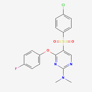 molecular formula C18H15ClFN3O3S B3141318 N-[5-[(4-chlorophenyl)sulfonyl]-4-(4-fluorophenoxy)-2-pyrimidinyl]-N,N-dimethylamine CAS No. 478247-37-9