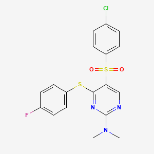 molecular formula C18H15ClFN3O2S2 B3141324 N-{5-[(4-chlorophenyl)sulfonyl]-4-[(4-fluorophenyl)sulfanyl]-2-pyrimidinyl}-N,N-dimethylamine CAS No. 478247-38-0