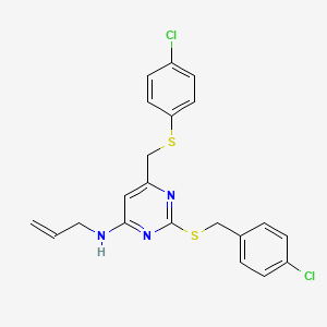 molecular formula C21H19Cl2N3S2 B3141446 N-烯丙基-2-[(4-氯苄基)硫代]-6-{[(4-氯苯基)硫代]甲基}-4-嘧啶胺 CAS No. 478261-61-9