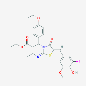 molecular formula C27H27IN2O6S B314164 ethyl 2-(4-hydroxy-3-iodo-5-methoxybenzylidene)-5-(4-isopropoxyphenyl)-7-methyl-3-oxo-2,3-dihydro-5H-[1,3]thiazolo[3,2-a]pyrimidine-6-carboxylate 