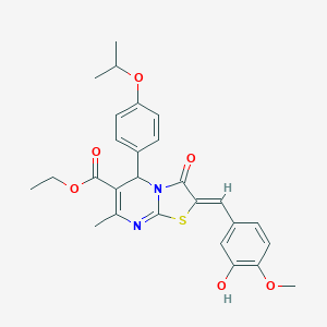 molecular formula C27H28N2O6S B314174 ethyl 2-(3-hydroxy-4-methoxybenzylidene)-5-(4-isopropoxyphenyl)-7-methyl-3-oxo-2,3-dihydro-5H-[1,3]thiazolo[3,2-a]pyrimidine-6-carboxylate 
