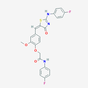 molecular formula C25H19F2N3O4S B314177 2-[4-[(E)-[2-(4-fluoroanilino)-4-oxo-1,3-thiazol-5-ylidene]methyl]-2-methoxyphenoxy]-N-(4-fluorophenyl)acetamide 