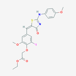 molecular formula C22H21IN2O6S B314186 ethyl 2-[2-iodo-6-methoxy-4-[(E)-[2-(4-methoxyanilino)-4-oxo-1,3-thiazol-5-ylidene]methyl]phenoxy]acetate 