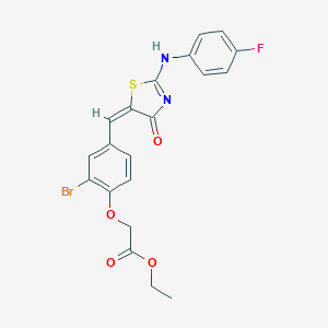 molecular formula C20H16BrFN2O4S B314194 ethyl 2-[2-bromo-4-[(E)-[2-(4-fluoroanilino)-4-oxo-1,3-thiazol-5-ylidene]methyl]phenoxy]acetate 