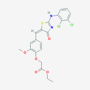 molecular formula C21H18Cl2N2O5S B314196 ethyl 2-[4-[(E)-[2-(2,3-dichloroanilino)-4-oxo-1,3-thiazol-5-ylidene]methyl]-2-methoxyphenoxy]acetate 