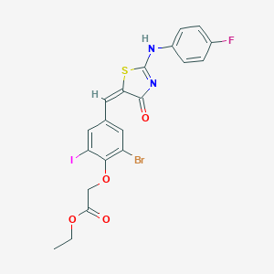 molecular formula C20H15BrFIN2O4S B314198 ethyl 2-[2-bromo-4-[(E)-[2-(4-fluoroanilino)-4-oxo-1,3-thiazol-5-ylidene]methyl]-6-iodophenoxy]acetate 