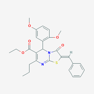 molecular formula C27H28N2O5S B314207 ethyl 2-benzylidene-5-(2,5-dimethoxyphenyl)-3-oxo-7-propyl-2,3-dihydro-5H-[1,3]thiazolo[3,2-a]pyrimidine-6-carboxylate 