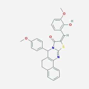 (14E)-14-[(2-hydroxy-3-methoxyphenyl)methylidene]-11-(4-methoxyphenyl)-15-thia-12,17-diazatetracyclo[8.7.0.02,7.012,16]heptadeca-1(10),2,4,6,16-pentaen-13-one