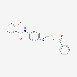 molecular formula C22H15FN2O2S2 B314236 2-fluoro-N-{2-[(2-oxo-2-phenylethyl)sulfanyl]-1,3-benzothiazol-6-yl}benzamide 