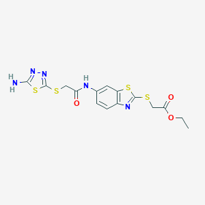 molecular formula C15H15N5O3S4 B314242 Ethyl {[6-({[(5-amino-1,3,4-thiadiazol-2-yl)sulfanyl]acetyl}amino)-1,3-benzothiazol-2-yl]sulfanyl}acetate 