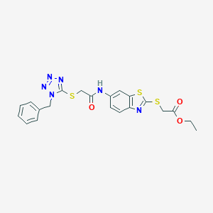 molecular formula C21H20N6O3S3 B314243 ethyl {[6-({[(1-benzyl-1H-tetraazol-5-yl)sulfanyl]acetyl}amino)-1,3-benzothiazol-2-yl]sulfanyl}acetate 