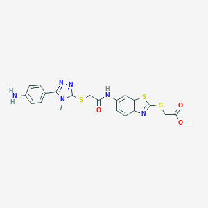 molecular formula C21H20N6O3S3 B314245 methyl ({6-[({[5-(4-aminophenyl)-4-methyl-4H-1,2,4-triazol-3-yl]sulfanyl}acetyl)amino]-1,3-benzothiazol-2-yl}sulfanyl)acetate 