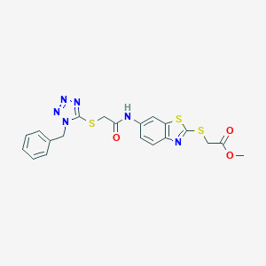 molecular formula C20H18N6O3S3 B314247 methyl {[6-({[(1-benzyl-1H-tetraazol-5-yl)sulfanyl]acetyl}amino)-1,3-benzothiazol-2-yl]sulfanyl}acetate 