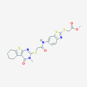 molecular formula C23H22N4O4S4 B314248 Methyl {[6-({[(3-methyl-4-oxo-3,4,5,6,7,8-hexahydro[1]benzothieno[2,3-d]pyrimidin-2-yl)sulfanyl]acetyl}amino)-1,3-benzothiazol-2-yl]sulfanyl}acetate 