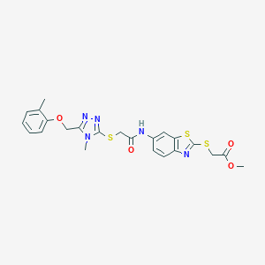 molecular formula C23H23N5O4S3 B314249 methyl [(6-{[({4-methyl-5-[(2-methylphenoxy)methyl]-4H-1,2,4-triazol-3-yl}sulfanyl)acetyl]amino}-1,3-benzothiazol-2-yl)sulfanyl]acetate 