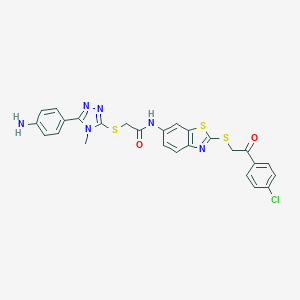 molecular formula C26H21ClN6O2S3 B314250 2-[[5-(4-aminophenyl)-4-methyl-1,2,4-triazol-3-yl]sulfanyl]-N-[2-[2-(4-chlorophenyl)-2-oxoethyl]sulfanyl-1,3-benzothiazol-6-yl]acetamide 