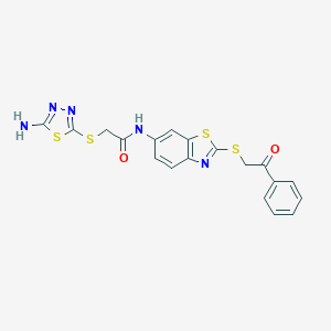 molecular formula C19H15N5O2S4 B314251 2-[(5-amino-1,3,4-thiadiazol-2-yl)sulfanyl]-N-{2-[(2-oxo-2-phenylethyl)sulfanyl]-1,3-benzothiazol-6-yl}acetamide 