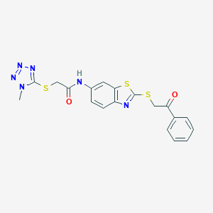 molecular formula C19H16N6O2S3 B314252 2-[(1-methyl-1H-tetraazol-5-yl)sulfanyl]-N-{2-[(2-oxo-2-phenylethyl)sulfanyl]-1,3-benzothiazol-6-yl}acetamide 