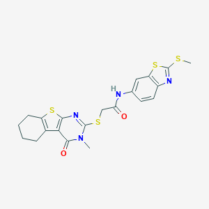 molecular formula C21H20N4O2S4 B314255 2-[(3-methyl-4-oxo-3,4,5,6,7,8-hexahydro[1]benzothieno[2,3-d]pyrimidin-2-yl)sulfanyl]-N-[2-(methylsulfanyl)-1,3-benzothiazol-6-yl]acetamide 