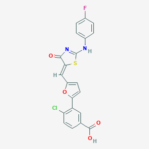 4-chloro-3-[5-[(Z)-[2-(4-fluoroanilino)-4-oxo-1,3-thiazol-5-ylidene]methyl]furan-2-yl]benzoic acid