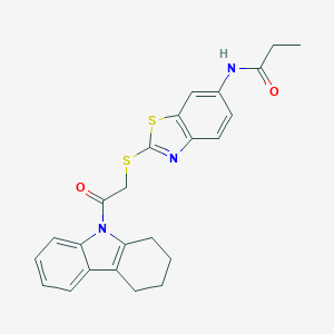 molecular formula C24H23N3O2S2 B314273 N-(2-{[2-oxo-2-(1,2,3,4-tetrahydro-9H-carbazol-9-yl)ethyl]sulfanyl}-1,3-benzothiazol-6-yl)propanamide 