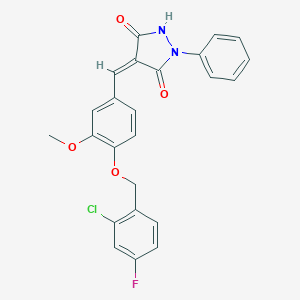 molecular formula C24H18ClFN2O4 B314275 4-{4-[(2-Chloro-4-fluorobenzyl)oxy]-3-methoxybenzylidene}-1-phenyl-3,5-pyrazolidinedione 