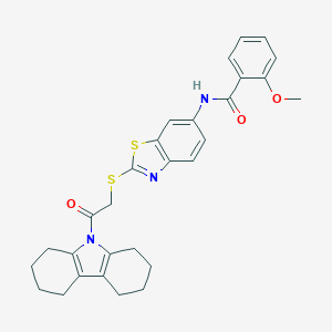 molecular formula C29H29N3O3S2 B314287 2-methoxy-N-(2-{[2-(1,2,3,4,5,6,7,8-octahydro-9H-carbazol-9-yl)-2-oxoethyl]sulfanyl}-1,3-benzothiazol-6-yl)benzamide 