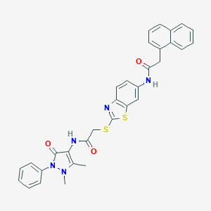 molecular formula C32H27N5O3S2 B314289 N-[2-({2-[(1,5-dimethyl-3-oxo-2-phenyl-2,3-dihydro-1H-pyrazol-4-yl)amino]-2-oxoethyl}sulfanyl)-1,3-benzothiazol-6-yl]-2-(1-naphthyl)acetamide 