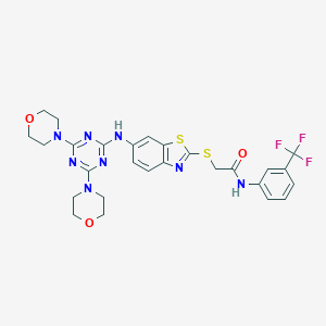 molecular formula C27H27F3N8O3S2 B314290 2-({6-[(4,6-dimorpholin-4-yl-1,3,5-triazin-2-yl)amino]-1,3-benzothiazol-2-yl}sulfanyl)-N-[3-(trifluoromethyl)phenyl]acetamide 
