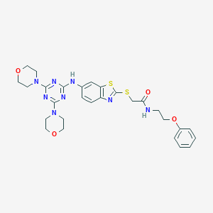 molecular formula C28H32N8O4S2 B314293 2-({6-[(4,6-dimorpholin-4-yl-1,3,5-triazin-2-yl)amino]-1,3-benzothiazol-2-yl}sulfanyl)-N-(2-phenoxyethyl)acetamide 