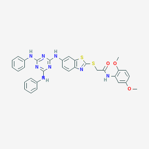 molecular formula C32H28N8O3S2 B314294 2-({6-[(4,6-dianilino-1,3,5-triazin-2-yl)amino]-1,3-benzothiazol-2-yl}sulfanyl)-N-(2,5-dimethoxyphenyl)acetamide 