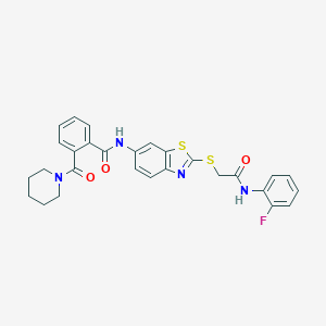 molecular formula C28H25FN4O3S2 B314295 N-(2-{[2-(2-fluoroanilino)-2-oxoethyl]sulfanyl}-1,3-benzothiazol-6-yl)-2-(piperidin-1-ylcarbonyl)benzamide 