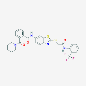 molecular formula C29H25F3N4O3S2 B314297 N-[2-({2-oxo-2-[2-(trifluoromethyl)anilino]ethyl}sulfanyl)-1,3-benzothiazol-6-yl]-2-(piperidin-1-ylcarbonyl)benzamide 