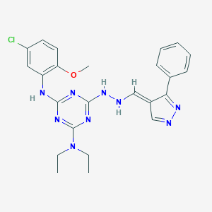 2-N-(5-chloro-2-methoxyphenyl)-4-N,4-N-diethyl-6-[2-[(E)-(3-phenylpyrazol-4-ylidene)methyl]hydrazinyl]-1,3,5-triazine-2,4-diamine