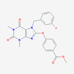 molecular formula C22H19FN4O5 B314331 methyl 4-{[7-(3-fluorobenzyl)-1,3-dimethyl-2,6-dioxo-2,3,6,7-tetrahydro-1H-purin-8-yl]oxy}benzoate 
