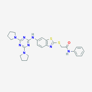 molecular formula C26H28N8OS2 B314346 2-[(6-{[4,6-di(1-pyrrolidinyl)-1,3,5-triazin-2-yl]amino}-1,3-benzothiazol-2-yl)sulfanyl]-N-phenylacetamide 