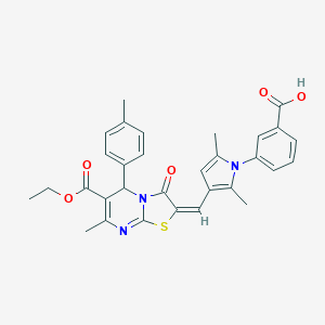 molecular formula C31H29N3O5S B314349 3-{3-[(6-(ethoxycarbonyl)-7-methyl-5-(4-methylphenyl)-3-oxo-5H-[1,3]thiazolo[3,2-a]pyrimidin-2(3H)-ylidene)methyl]-2,5-dimethyl-1H-pyrrol-1-yl}benzoic acid 