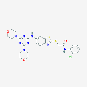 molecular formula C26H27ClN8O3S2 B314357 N-(2-chlorophenyl)-2-({6-[(4,6-dimorpholin-4-yl-1,3,5-triazin-2-yl)amino]-1,3-benzothiazol-2-yl}sulfanyl)acetamide 