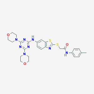 molecular formula C27H30N8O3S2 B314358 2-[(6-{[4,6-di(4-morpholinyl)-1,3,5-triazin-2-yl]amino}-1,3-benzothiazol-2-yl)sulfanyl]-N-(4-methylphenyl)acetamide 