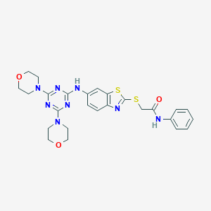 molecular formula C26H28N8O3S2 B314359 2-({6-[(4,6-dimorpholin-4-yl-1,3,5-triazin-2-yl)amino]-1,3-benzothiazol-2-yl}sulfanyl)-N-phenylacetamide 