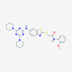molecular formula C29H34N8O2S2 B314360 2-[(6-{[4,6-di(piperidin-1-yl)-1,3,5-triazin-2-yl]amino}-1,3-benzothiazol-2-yl)sulfanyl]-N-(2-methoxyphenyl)acetamide 